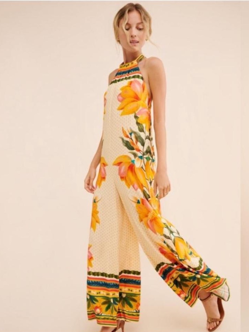 FARM Rio Tropical Floral Halter Jumpsuit Size Small Petite Resort Casual